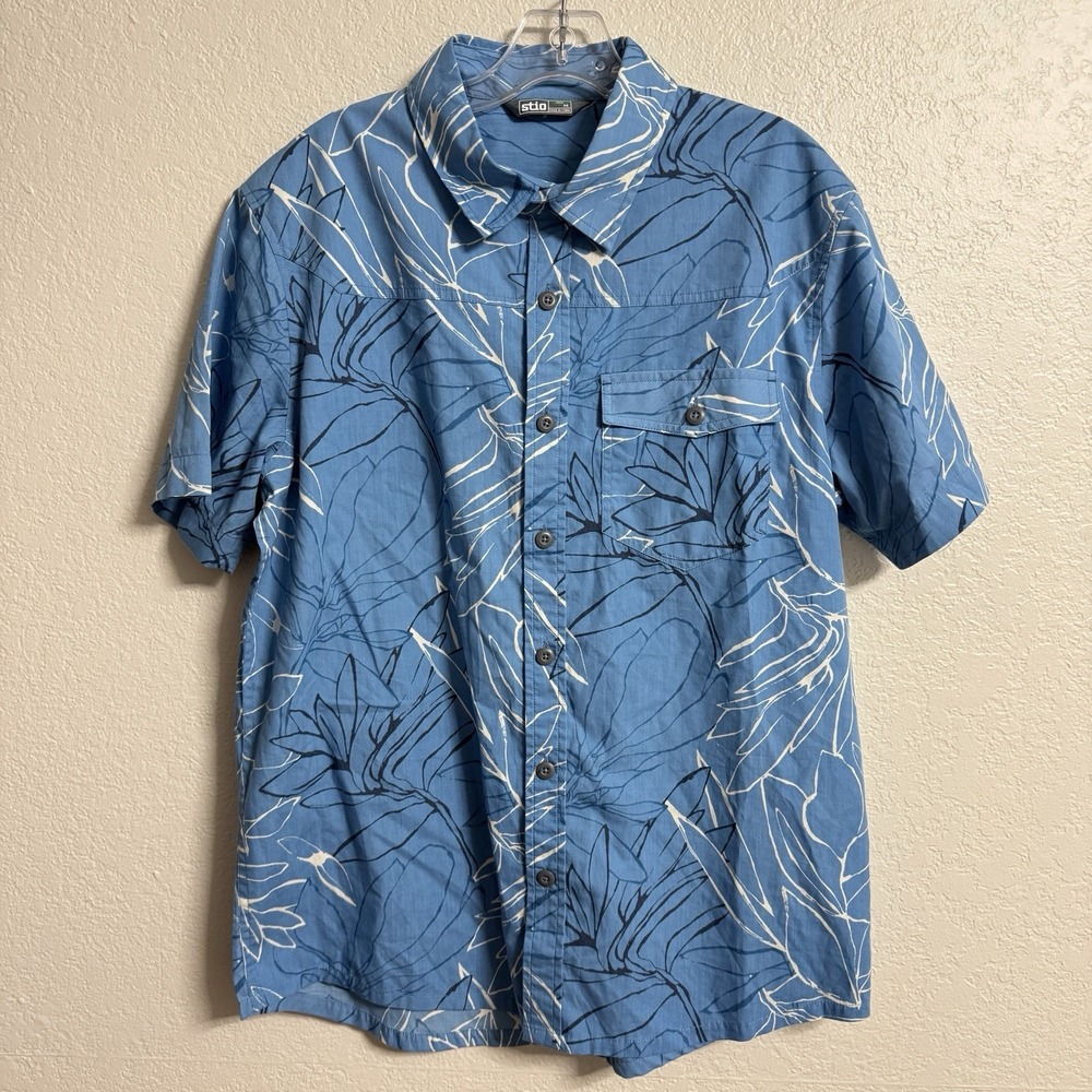 Stio‎ Shirt Mens Medium Blue Button Up Floral Hawaiian Print Flap Pocket